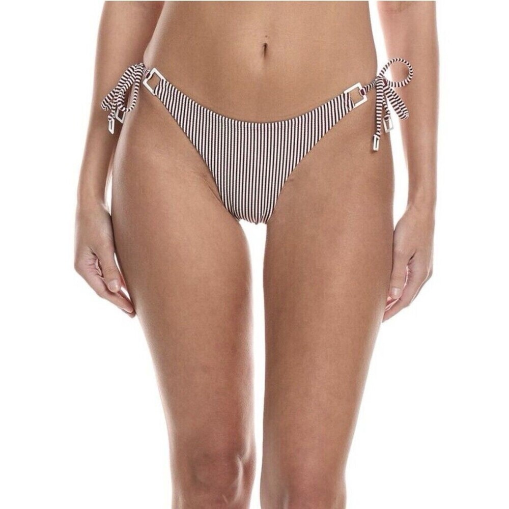 Onia Kate Bikini Bottom Women's Large Seersucker Stripe Pomegranate Low Rise Tie